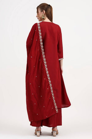 Maroon Embroidered Silk Palazzo Suit Set