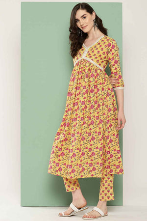 Yellow Floral Print Thread Work Pure Cotton Kurti Pant Set