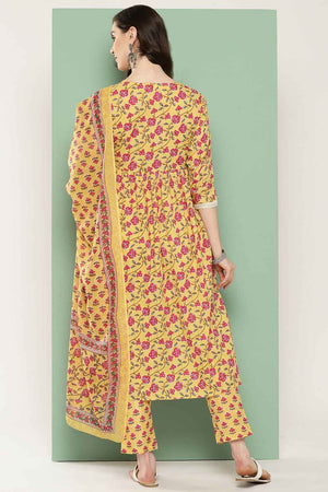 Yellow Floral Print Thread Work Pure Cotton Kurti Pant Set
