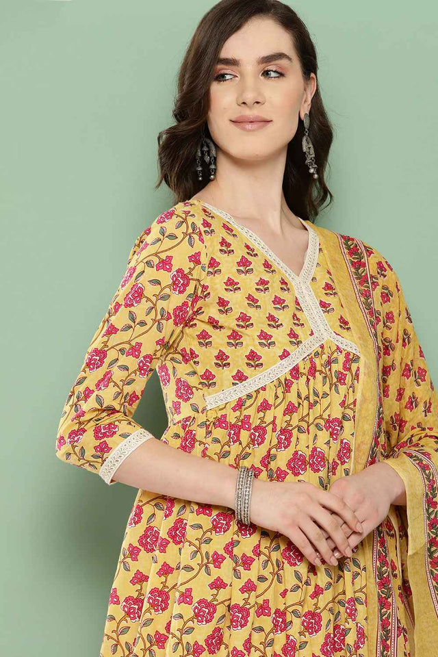 Yellow Floral Print Thread Work Pure Cotton Kurti Pant Set