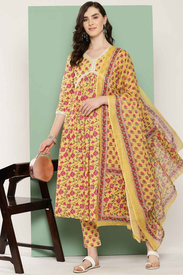 Yellow Floral Print Thread Work Pure Cotton Kurti Pant Set