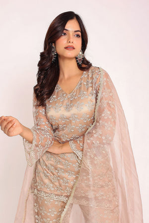 Beige Floral Embroidered Net Kurti Pant Set (134Beige)