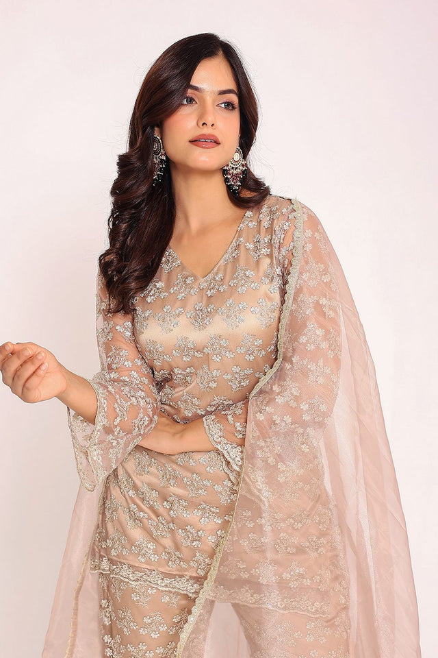 Beige Floral Embroidered Net Kurti Pant Set (134Beige)