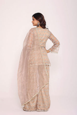 Beige Floral Embroidered Net Kurti Pant Set (134Beige)