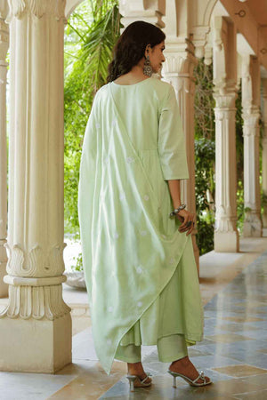 Green Solid Embroidered Silk Kurti Pant Set