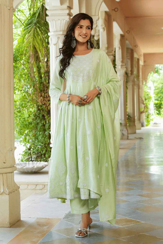 Green Solid Embroidered Silk Kurti Pant Set