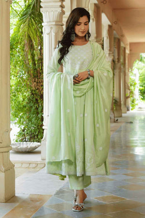 Green Solid Embroidered Silk Kurti Pant Set