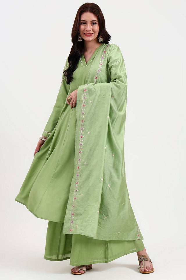 Green Solid Silk Blend Palazzo Suit Set