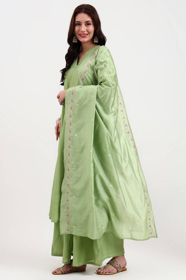 Green Solid Silk Blend Palazzo Suit Set