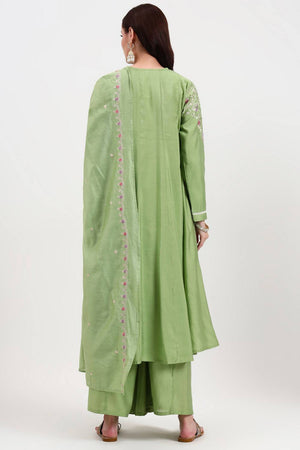 Green Solid Silk Blend Palazzo Suit Set