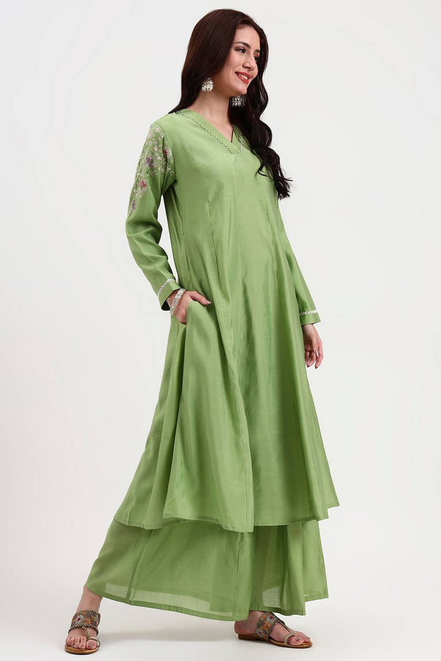Green Solid Silk Blend Palazzo Suit Set
