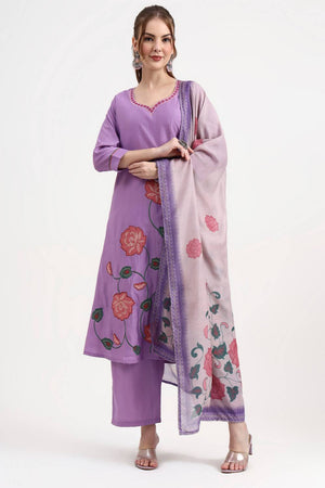 Lavender Embroidered Silk Straight Cut Suit Set