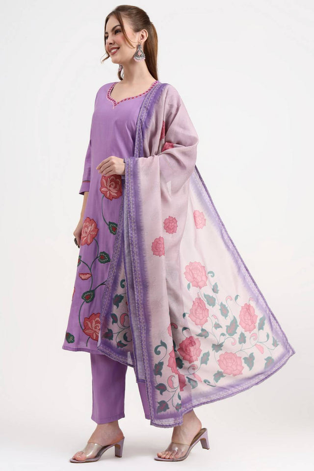 Lavender Embroidered Silk Straight Cut Suit Set
