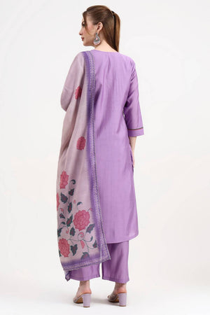 Lavender Embroidered Silk Straight Cut Suit Set