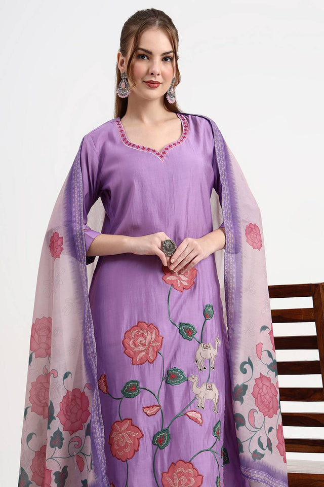 Lavender Embroidered Silk Straight Cut Suit Set