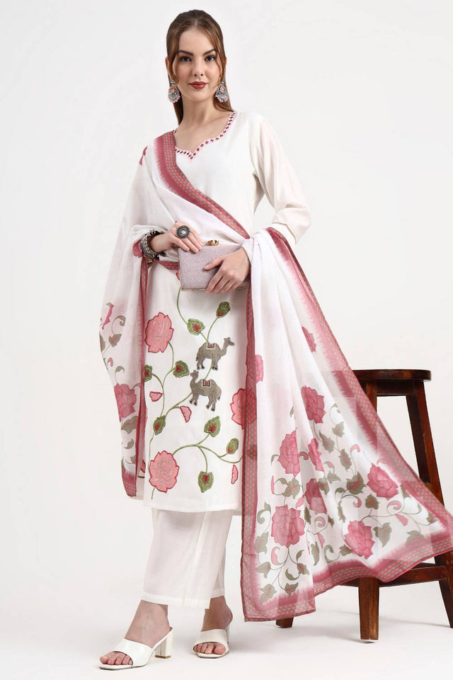 White Embroidered Silk Straight Cut Suit Set (1356SKDWH)