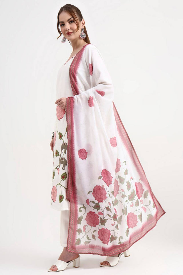 White Embroidered Silk Straight Cut Suit Set (1356SKDWH)