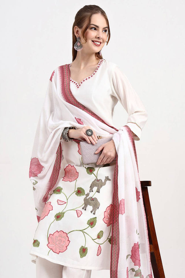 White Embroidered Silk Straight Cut Suit Set (1356SKDWH)