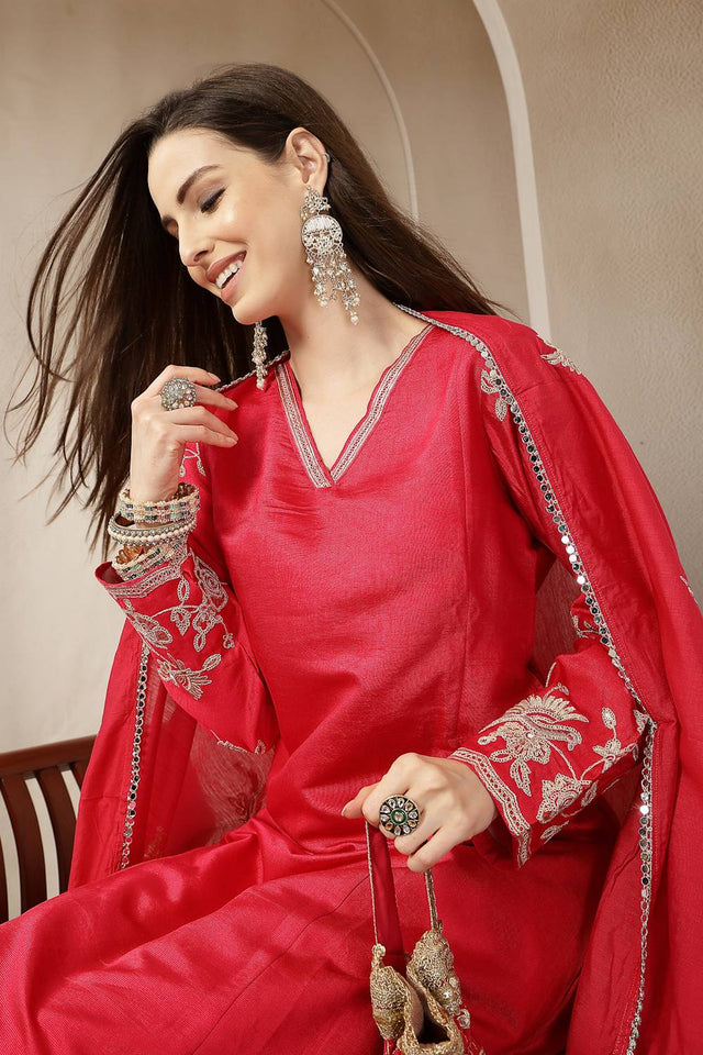 Pink Embroidered Silk blend Anarkali Suit Set