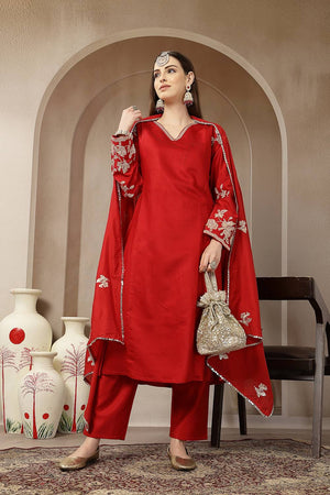 Red Embroidered Silk blend Anarkali Suit Set
