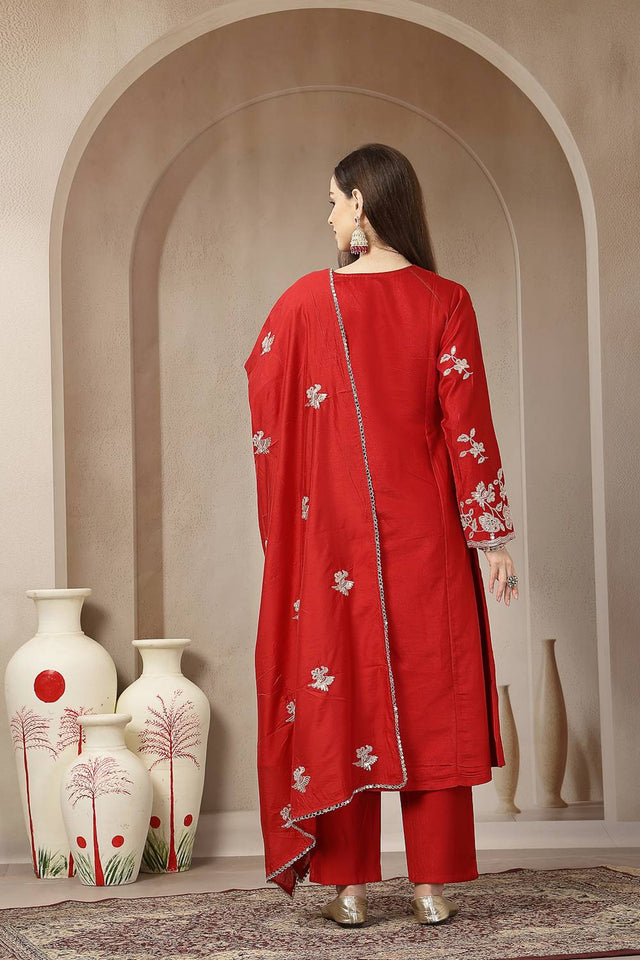 Red Embroidered Silk blend Anarkali Suit Set