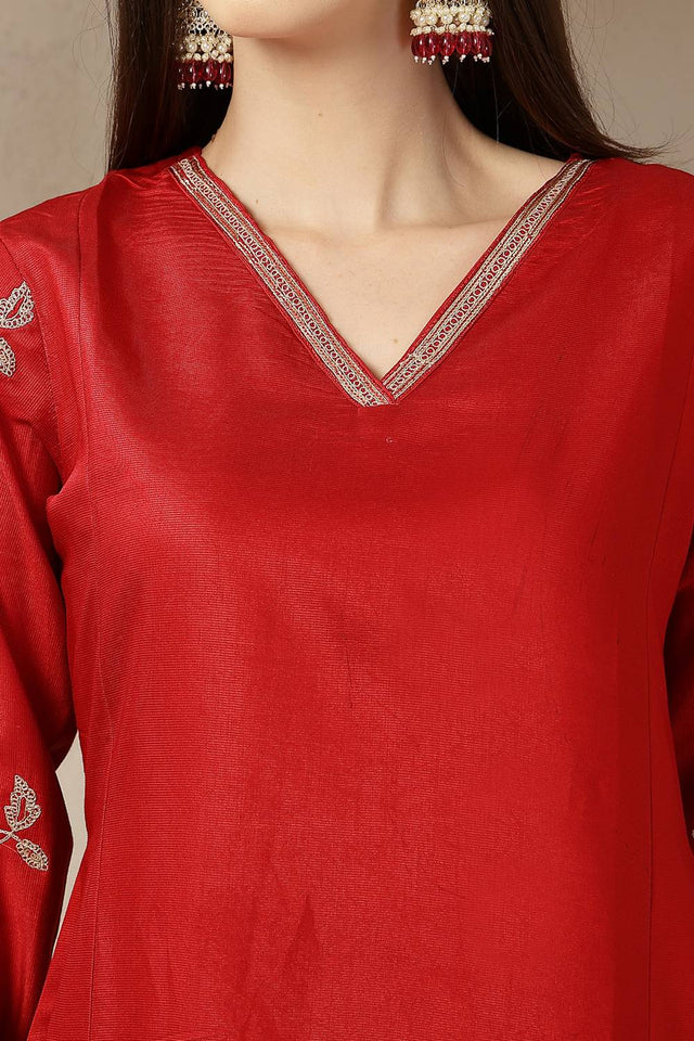 Red Embroidered Silk blend Anarkali Suit Set