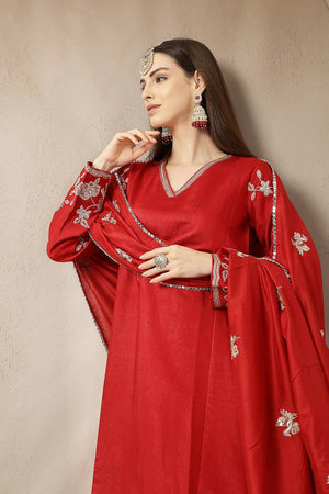 Red Embroidered Silk blend Anarkali Suit Set