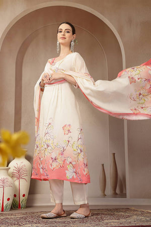 Cream Floral Printed Silk Anarkali Suit Set