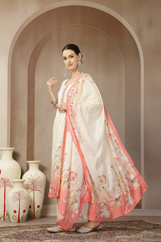 Cream Floral Printed Silk Anarkali Suit Set