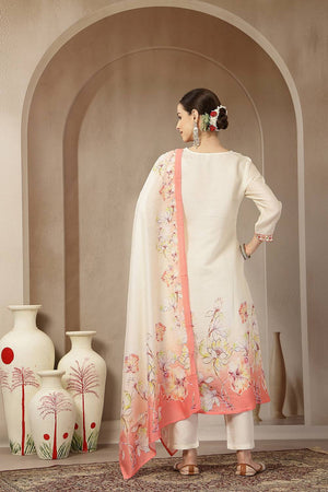 Cream Floral Printed Silk Anarkali Suit Set