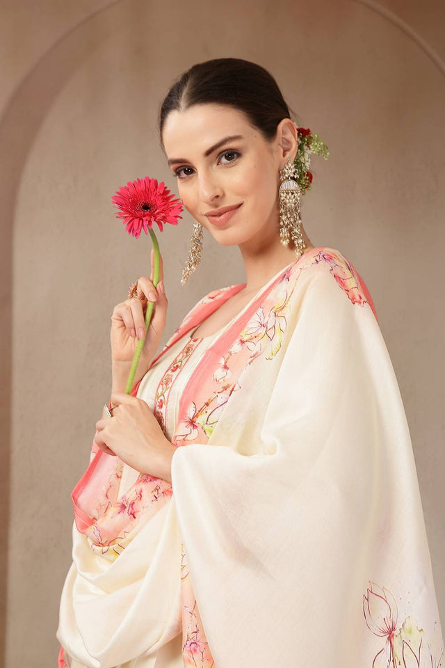 Cream Floral Printed Silk Anarkali Suit Set