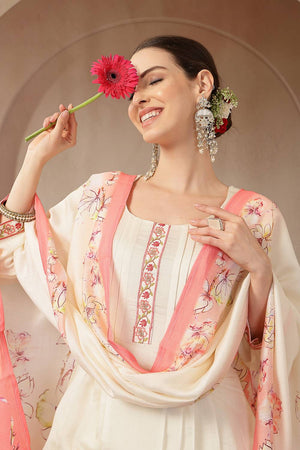 Cream Floral Printed Silk Anarkali Suit Set