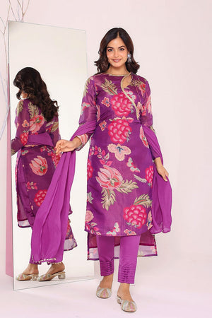 Purple Floral Printed Tissue Kurti Pant Set (135purpleprint)