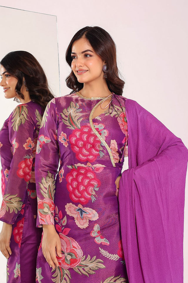 Purple Floral Printed Tissue Kurti Pant Set (135purpleprint)