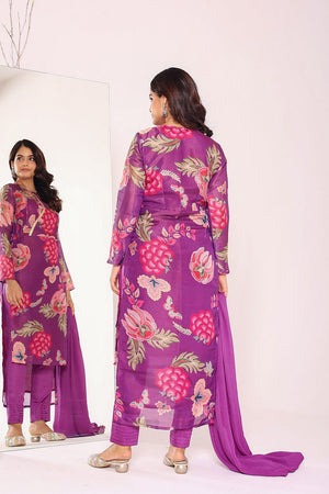 Purple Floral Printed Tissue Kurti Pant Set (135purpleprint)