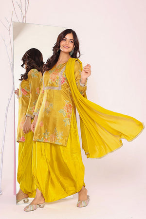 Yellow Floral Printed Tissue Punjabi Suit Set (136yellowprint)