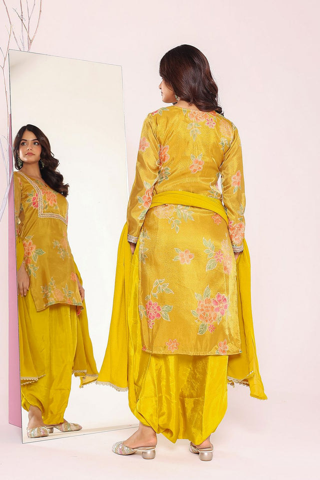 Yellow Floral Printed Tissue Punjabi Suit Set (136yellowprint)