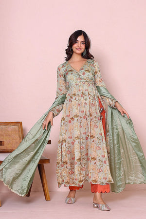 Turquoise Floral Printed Chinon Kurti Pant Set (138mintchinnon)