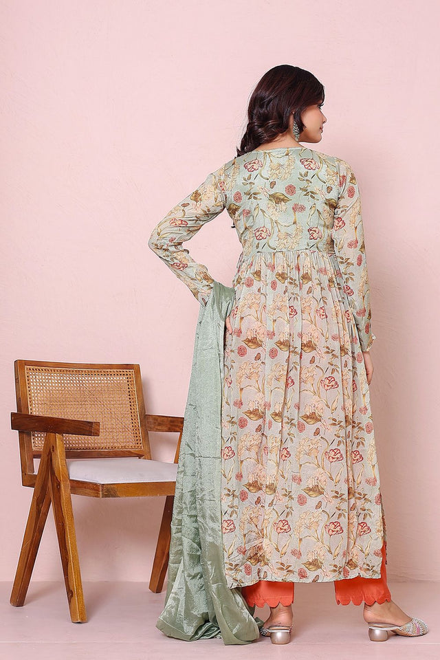 Turquoise Floral Printed Chinon Kurti Pant Set (138mintchinnon)