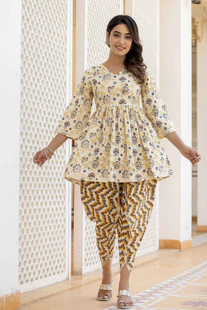 Yellow Floral Print Gotta patti Pure Cotton Kurti Pant Set