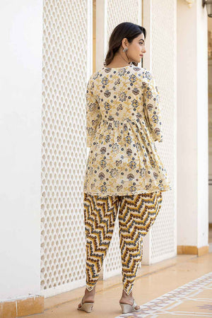 Yellow Floral Print Gotta patti Pure Cotton Kurti Pant Set