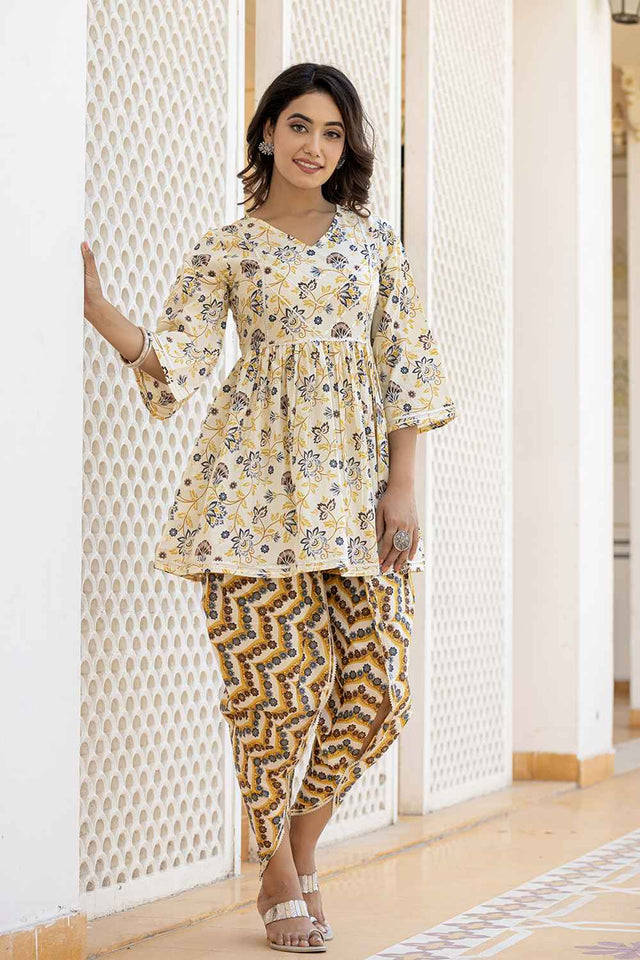 Yellow Floral Print Gotta patti Pure Cotton Kurti Pant Set