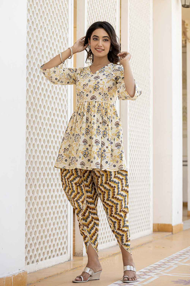Yellow Floral Print Gotta patti Pure Cotton Kurti Pant Set