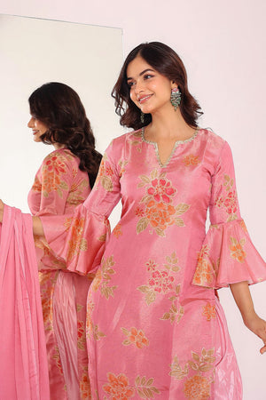 Pink Floral Printed Tissue Punjabi Suit Set (13Pinkprint)