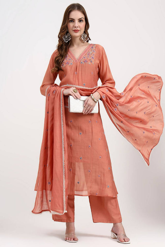 Peach Embroidered Silk Anarkali Suit Set