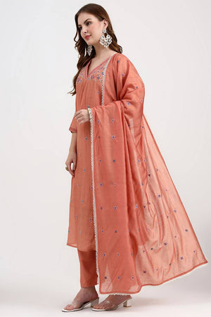 Peach Embroidered Silk Anarkali Suit Set