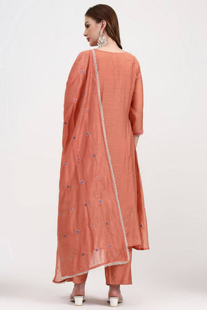 Peach Embroidered Silk Anarkali Suit Set