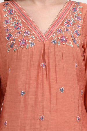 Peach Embroidered Silk Anarkali Suit Set