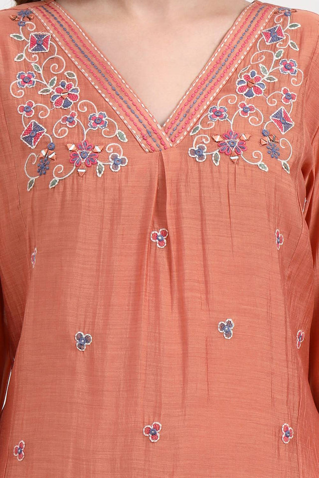 Peach Embroidered Silk Anarkali Suit Set