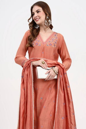 Peach Embroidered Silk Anarkali Suit Set